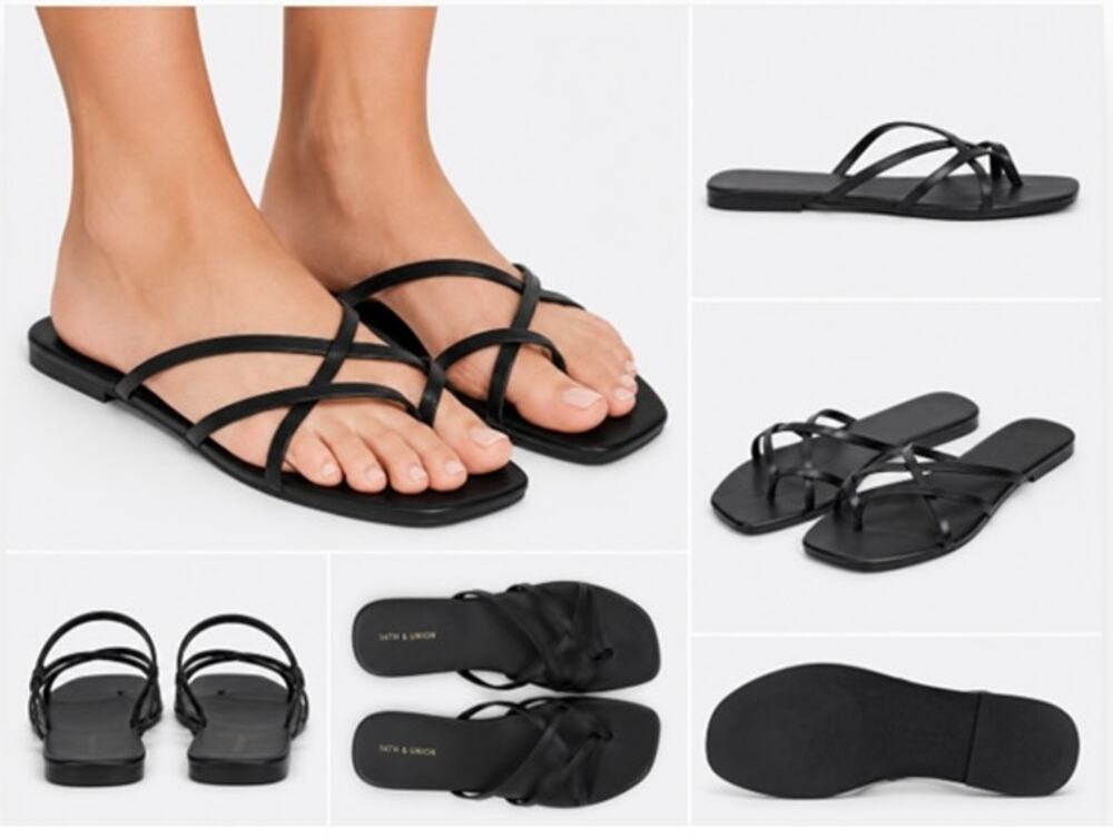 14th & Union Strappy Flat Sandals Black Toe Loop Slides Slip On Womens US 9 NWT
